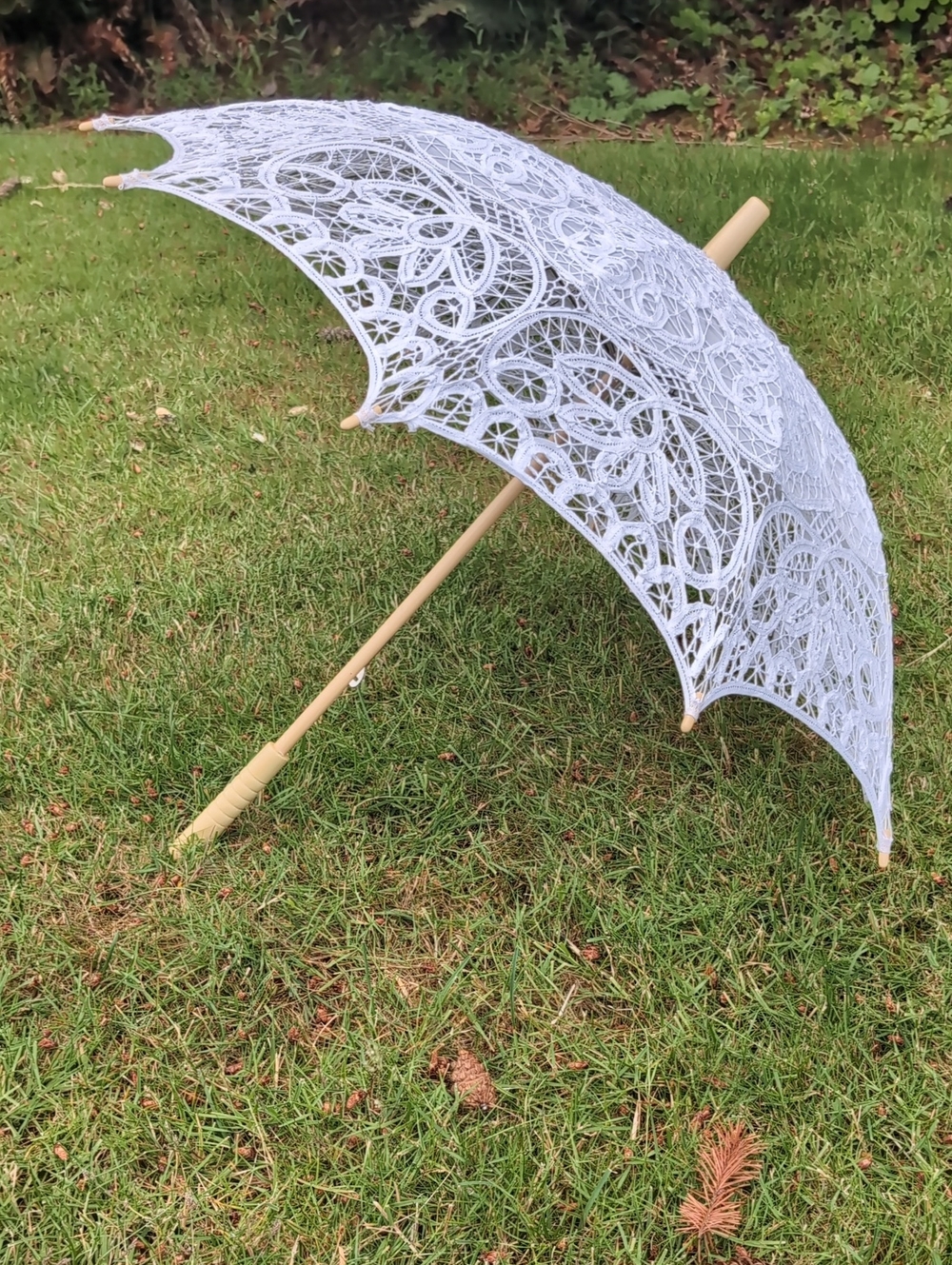 White Lace Parasol with Wooden Handle